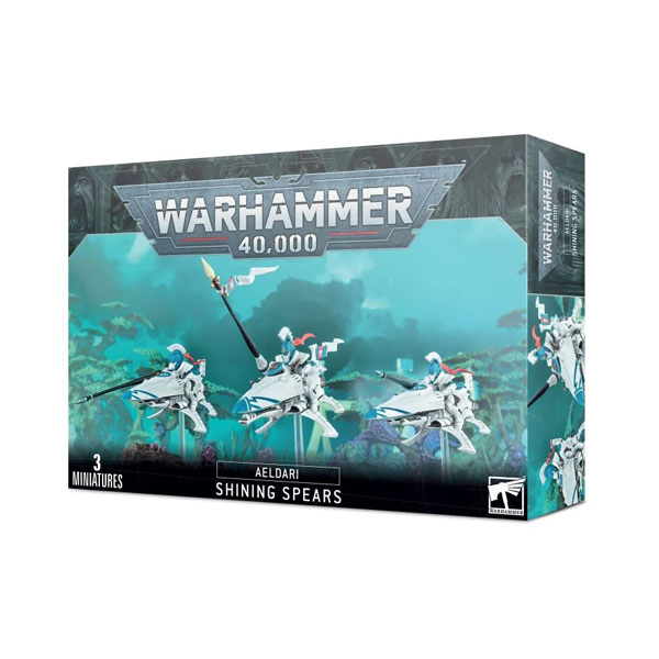 This kit builds one unit of Shining Spears, each armed with a laser lance and riding a jetbike equipped with twin shuriken catapults. One model can be built as a Shining Spears Exarch, who can be armed with a star lance or paragon sabre as well as a protective shimmershield. The Exarch's jetbike can be fitted with a deadly shuriken cannon, and they have a choice of four heads, while each Shining Spear has a choice of helmeted or unhelmeted heads. This set comprises 84 plastic components with which you can assemble three Shining Spears, and is supplied with 3x 60mm flying bases, each with two ball-and-socket stems. These miniatures are supplied unpainted and require assembly