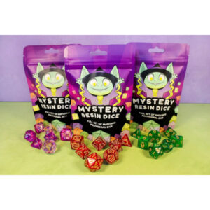 Get ready for spooky season and set your table in the right vibe with our spooky dice range to go 'click clack' in the night! We have curated a range of slime greens, pumpkin orange, bat black, eldritch purple and blood splatter red to feature in these themed mystery bags so you can make the most of the season. Whether you're running Curse of Strahd, or just want something a little more gothic for your Vampire Rogue. These dice are for you! Each Mystery Dice set comes with a matching set of seven resin polyhedral dice (d4, d6, d8, 2d10, d12 & d20)